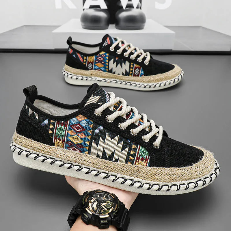 Men's summer breathable casual shoes with cloth upper in beige colour, round toe design