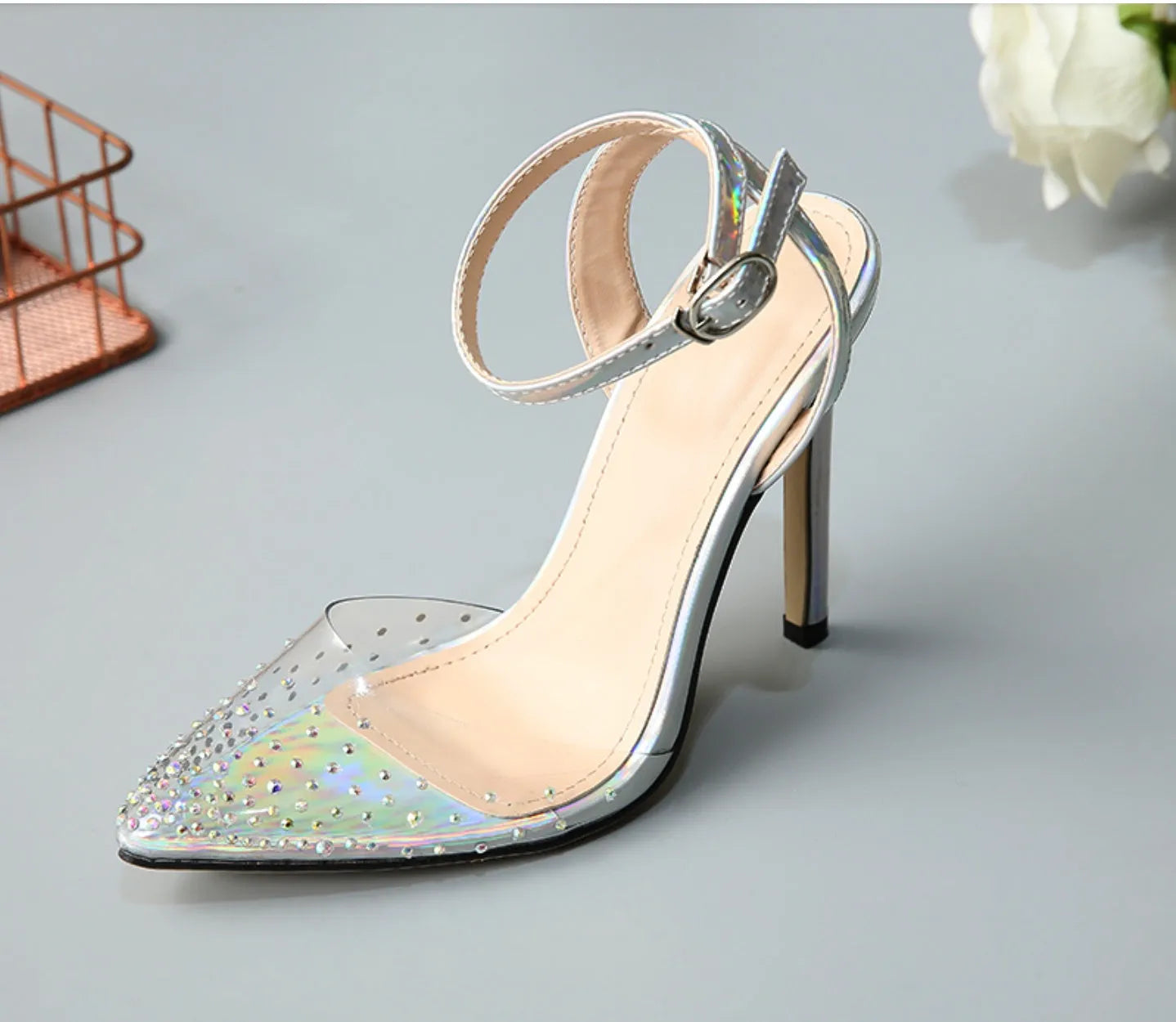 Women's pointed toe stiletto sandals with diamond decorations on PVC upper