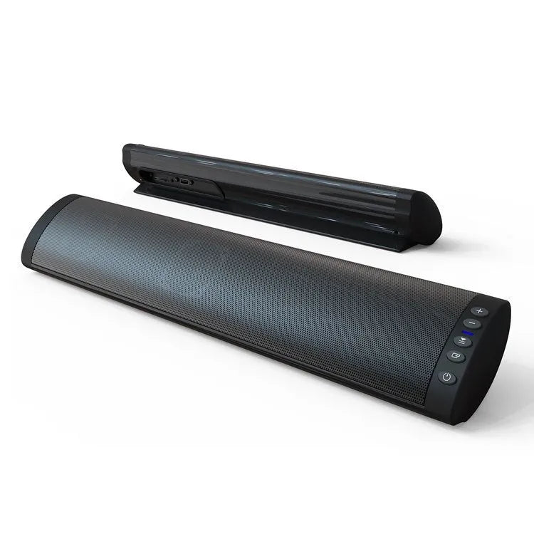 Wall-mounted wireless Bluetooth speaker in plastic shell with button controls and external antenna