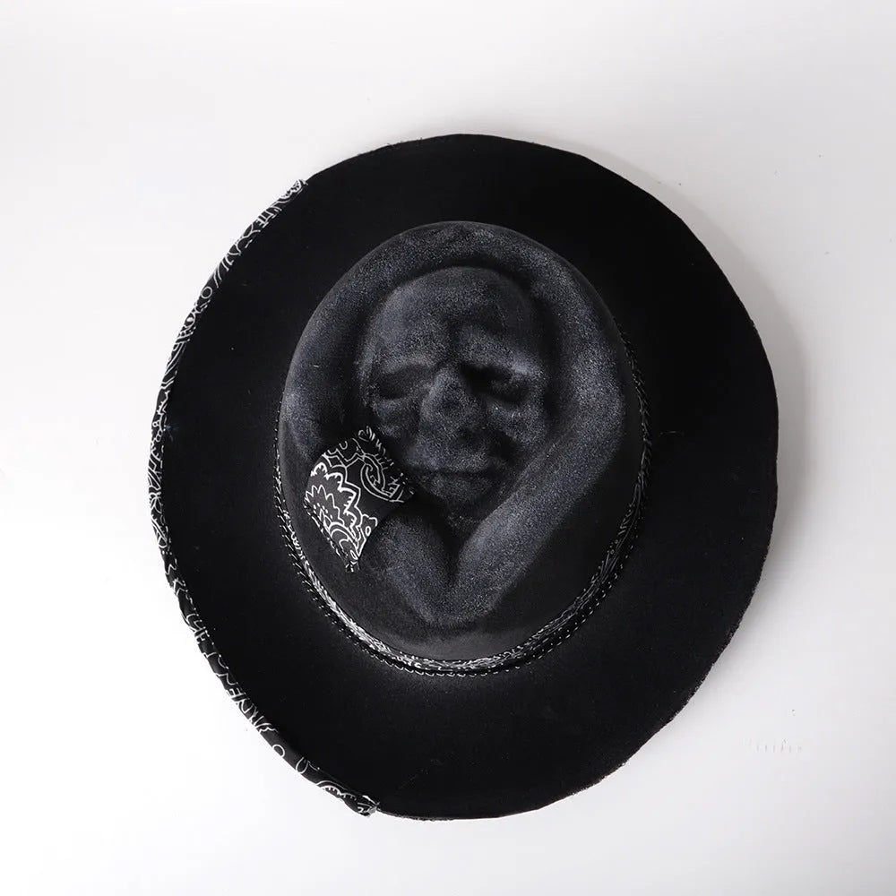 Wool felt conical crown skull hat with handmade Halloween design