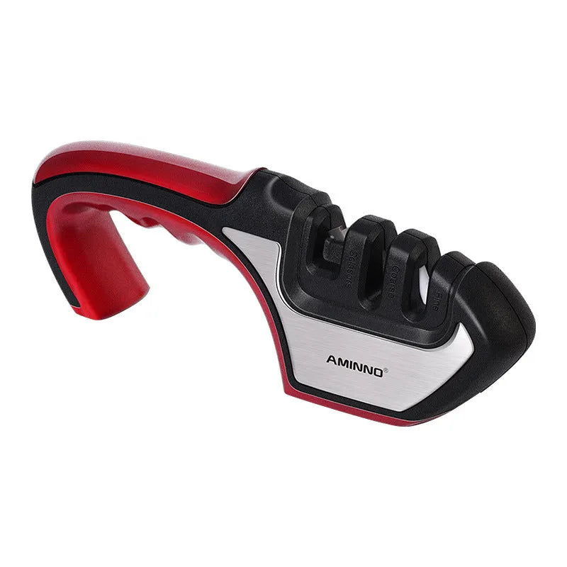4-in-1 kitchen knife sharpener with multiple slots, black and cyan plastic and stainless steel body on a countertop