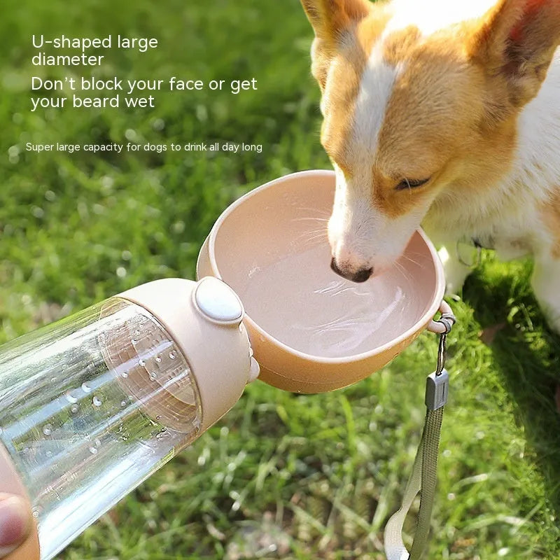 Portable dog water bottle and food container in yellow, pink, or brown colours for outdoor travel