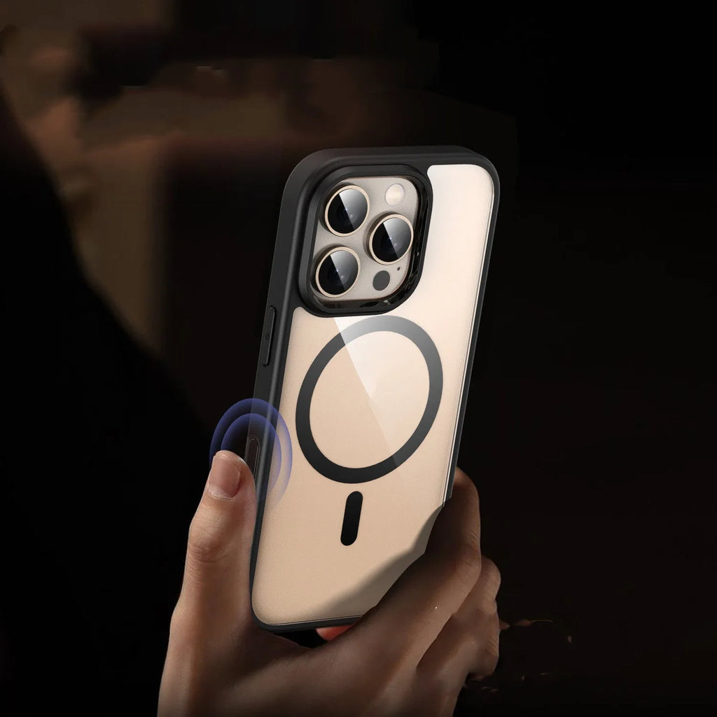 Black transparent magnetic phone case for iPhone 16 with airbag corners and TPU PC construction