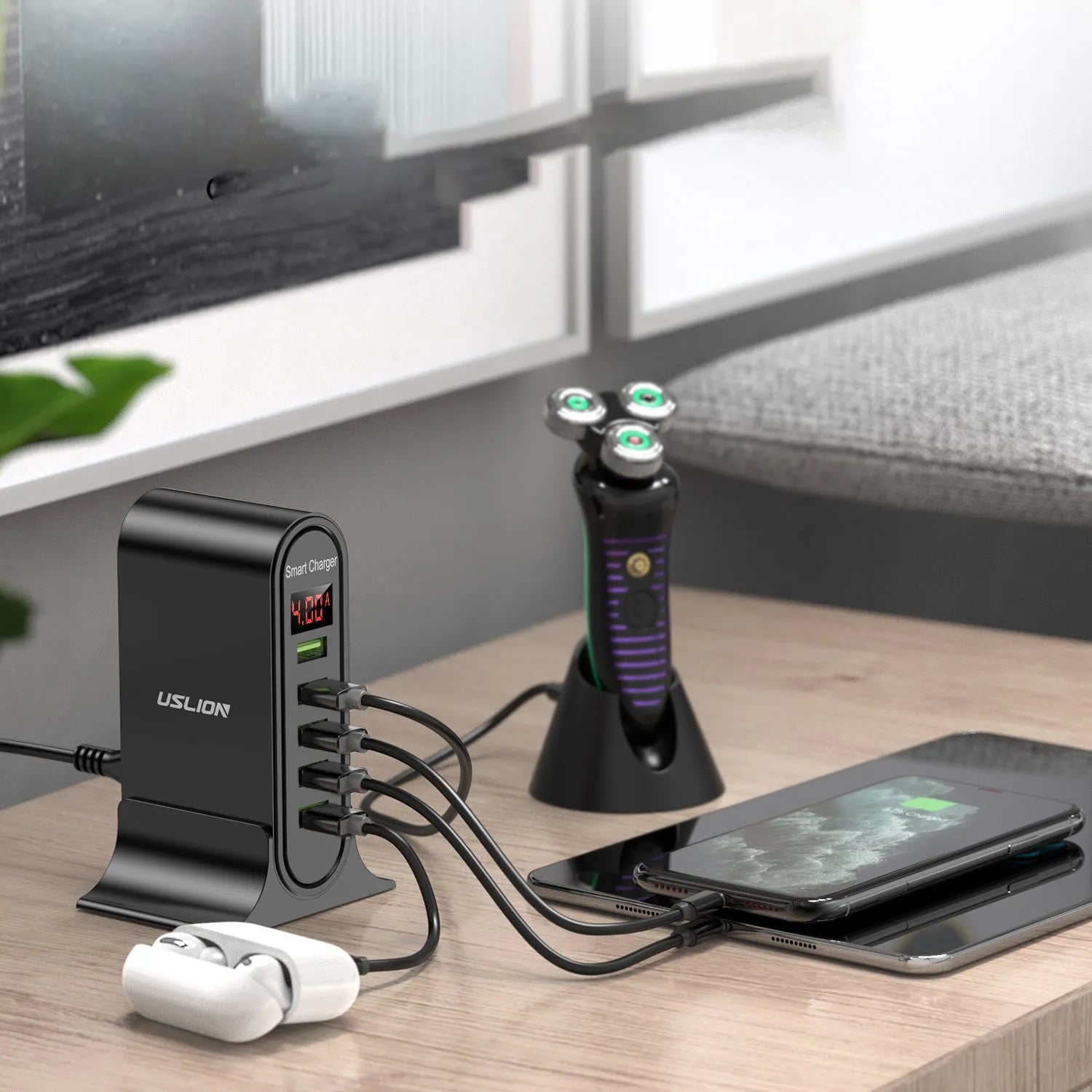 Smart LED digital display USB wall charger in black or white with selectable EU, UK, or US plug