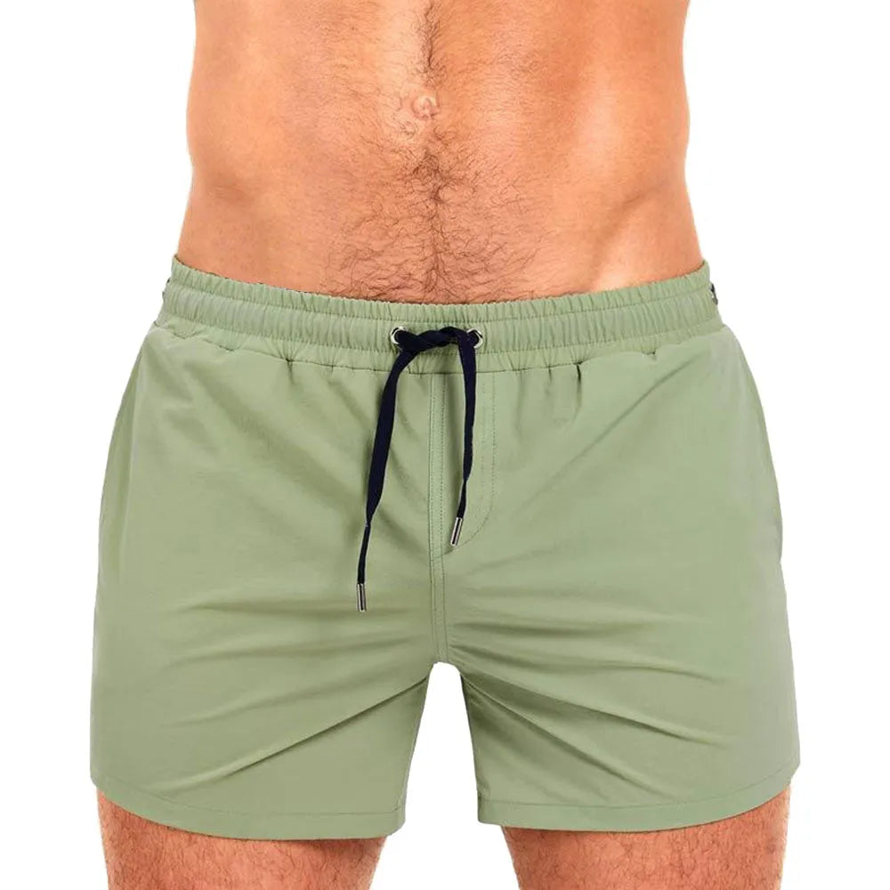 Polyester sports shorts with mesh lining in six colours: white, red, sky blue, dark blue, army green, rose red.