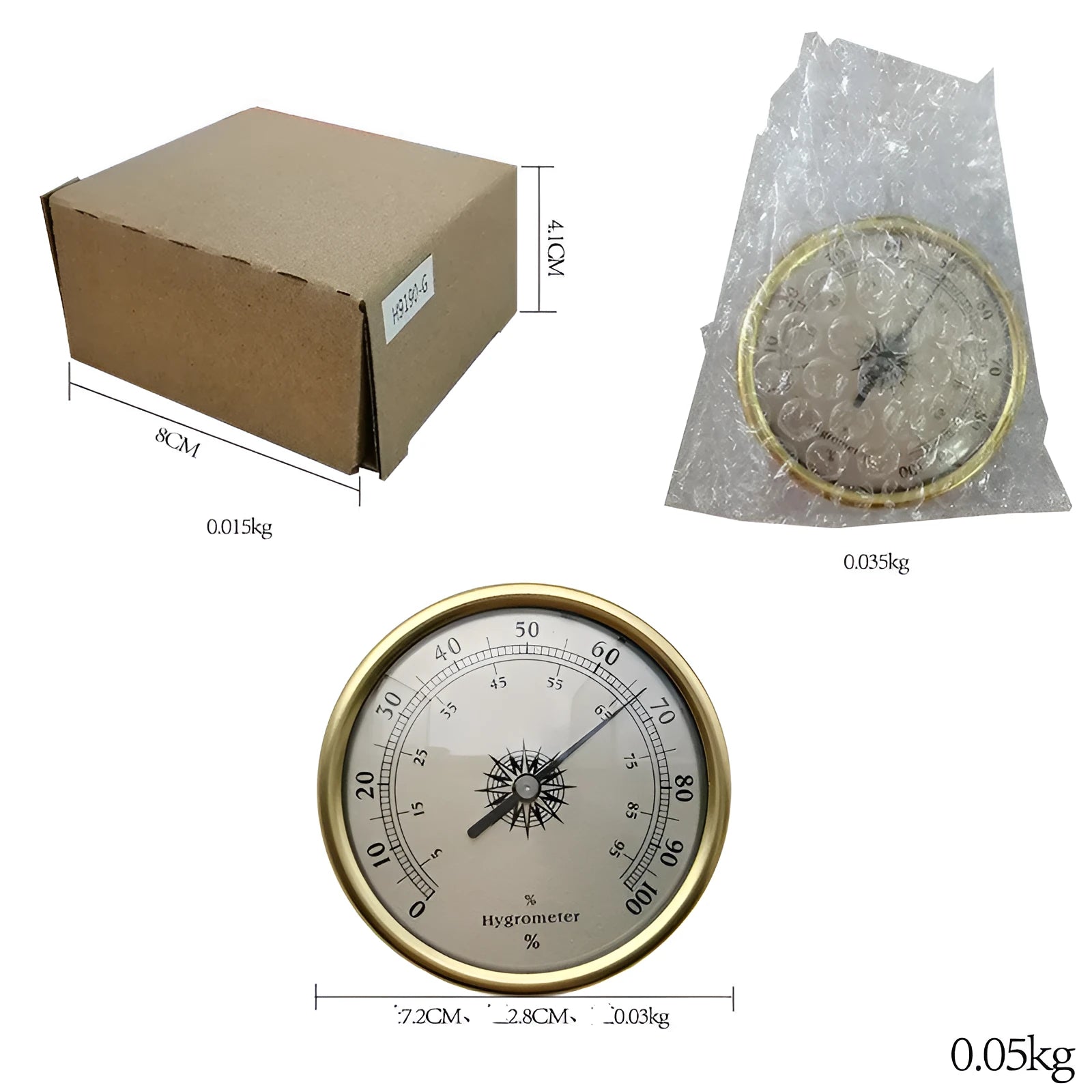 Round analog thermometer and hygrometer with aluminium dial and outer ring