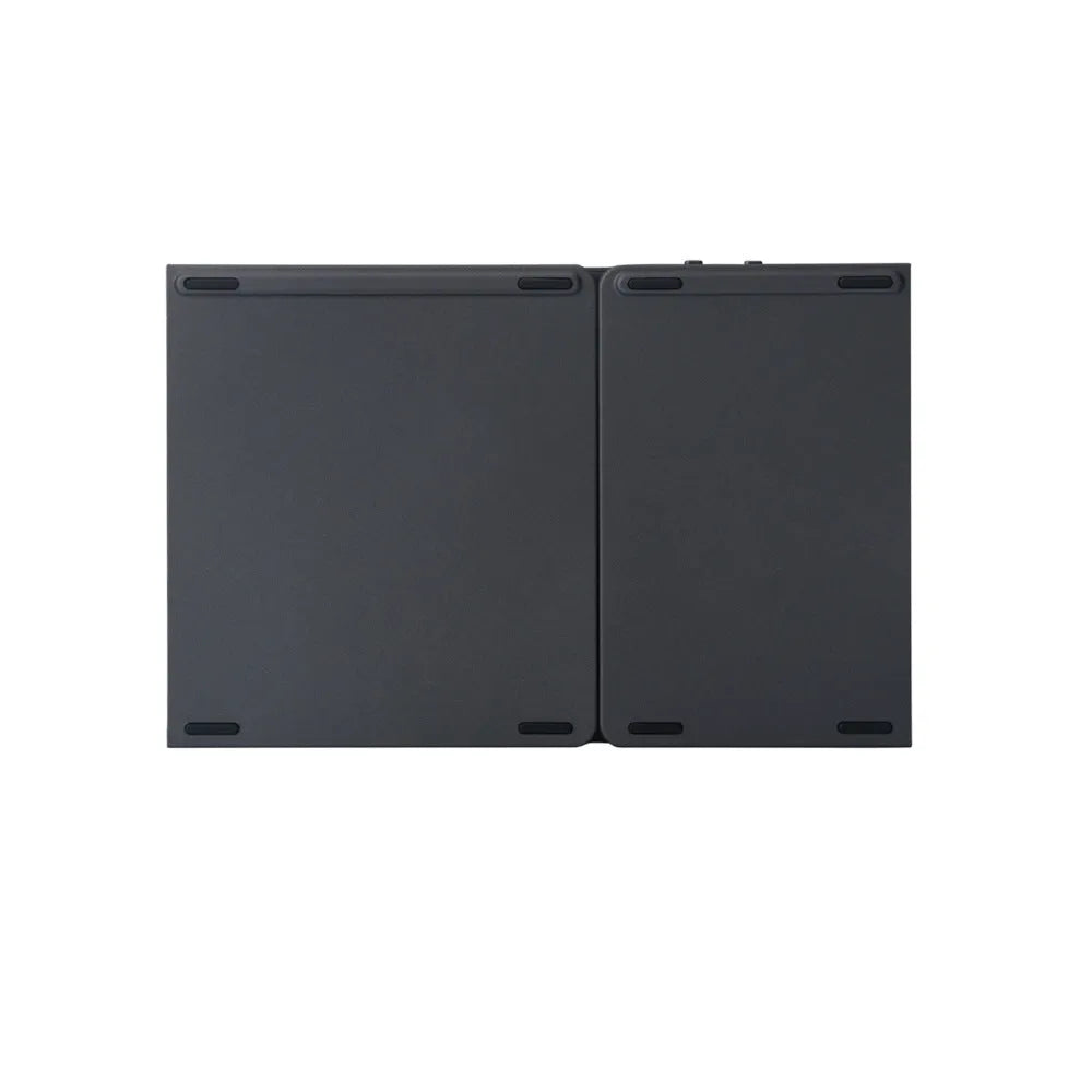 Ultra-thin tri-fold folding Bluetooth keyboard with touchpad, shown in black, folded and unfolded.