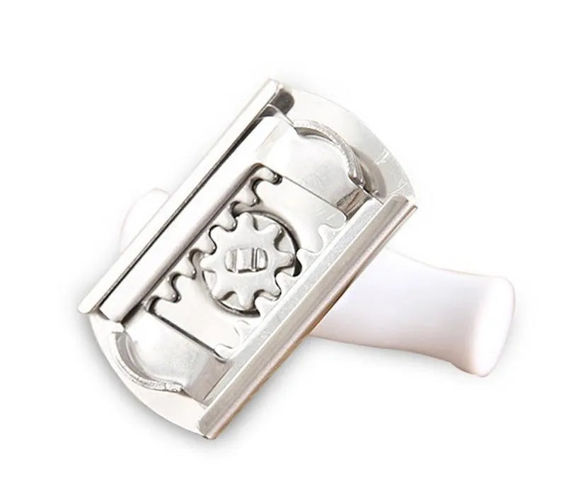 White stainless steel adjustable bottle opener with gear mechanism and PP anti-skid handle on a surface