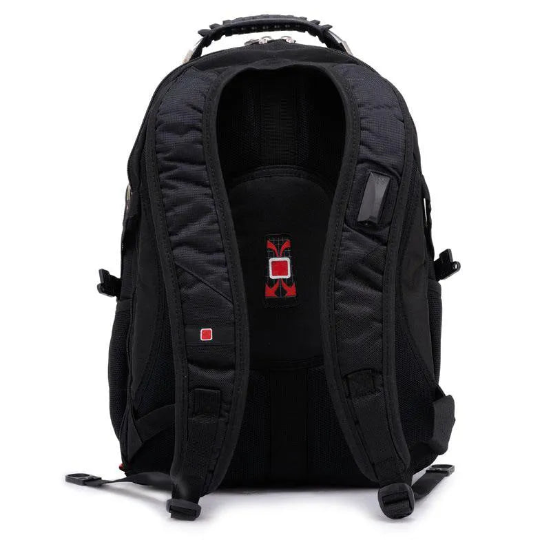 Black business computer backpack with 38-litre capacity showing three compartments and laptop protection