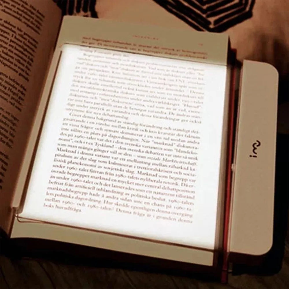 Dimmable LED panel book reading lamp with PMMA acrylic lens on a book page