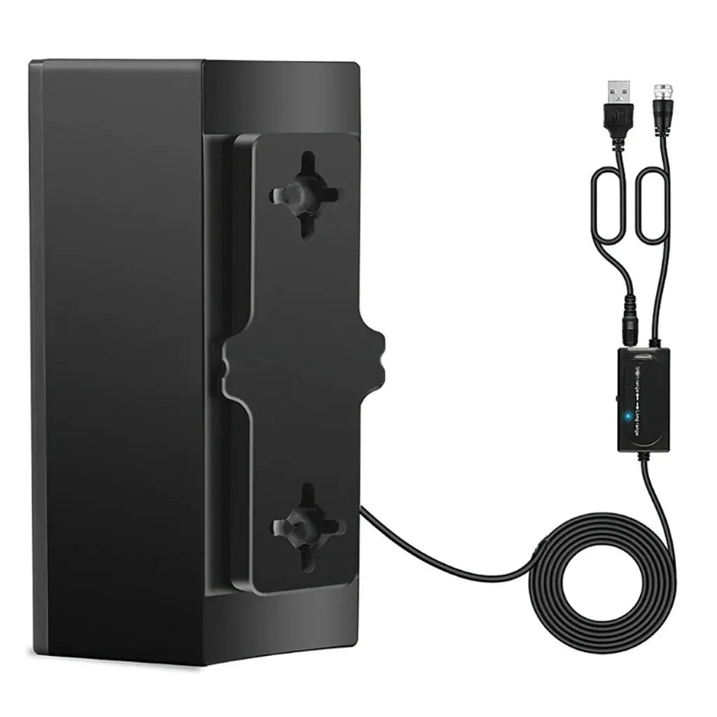 Black plastic digital television antenna with mounting hardware including expansion tubes, screws, and cable ties