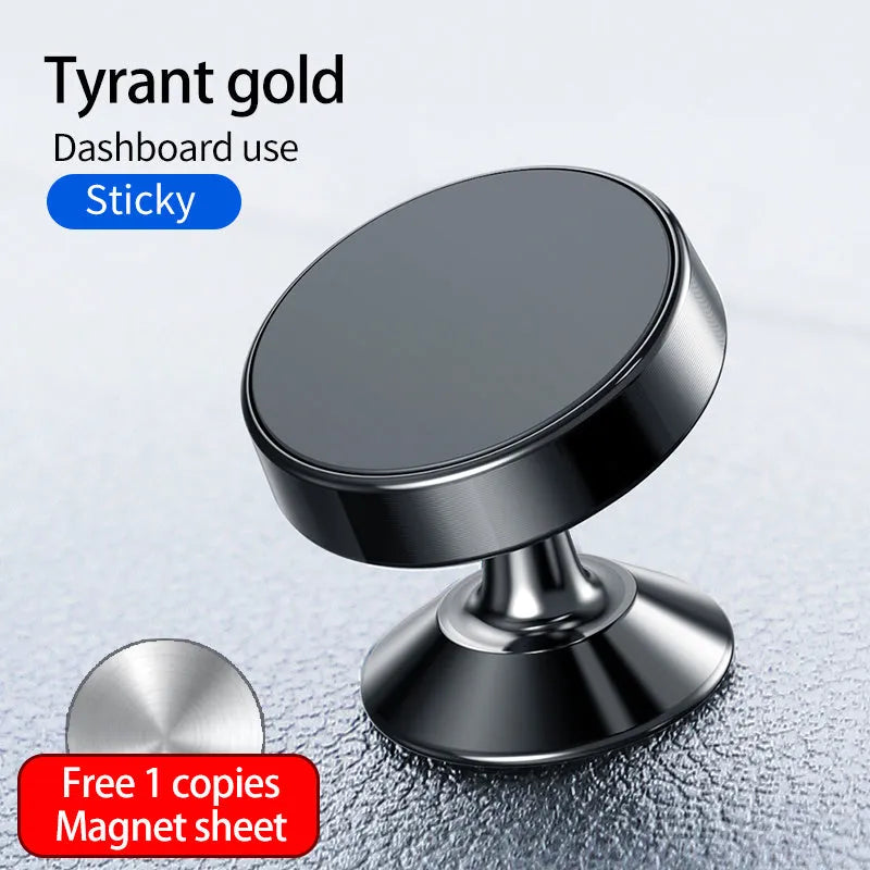 Black car phone holder with suction cup magnetic mount on dashboard, 360 degree rotation