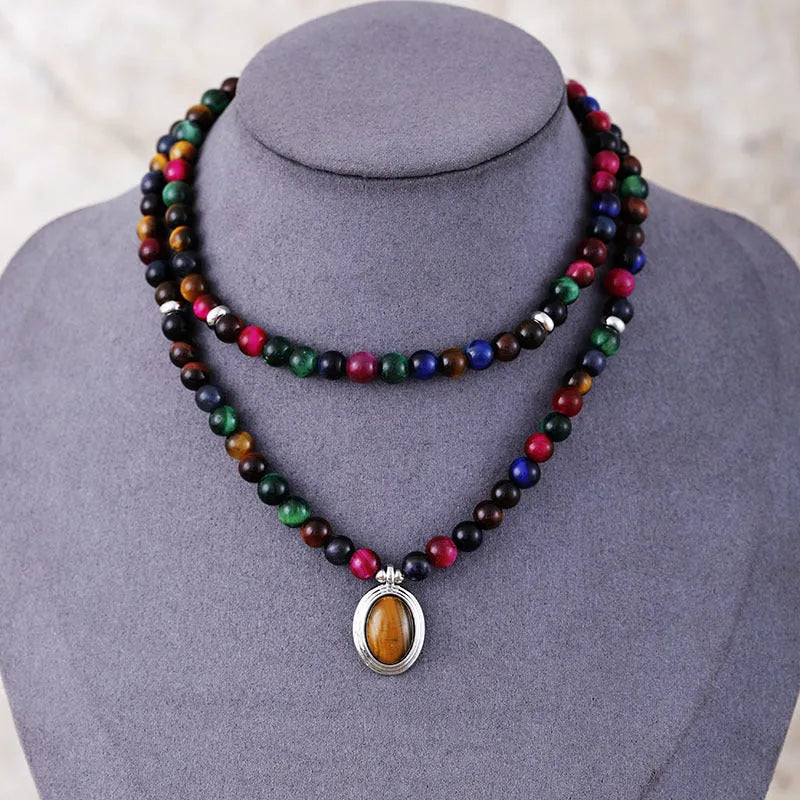 Natural tiger-eye 108 bead pendant necklace bracelet on ball bead chain with mixed-gem inlay featuring wings, crown and infinity symbol