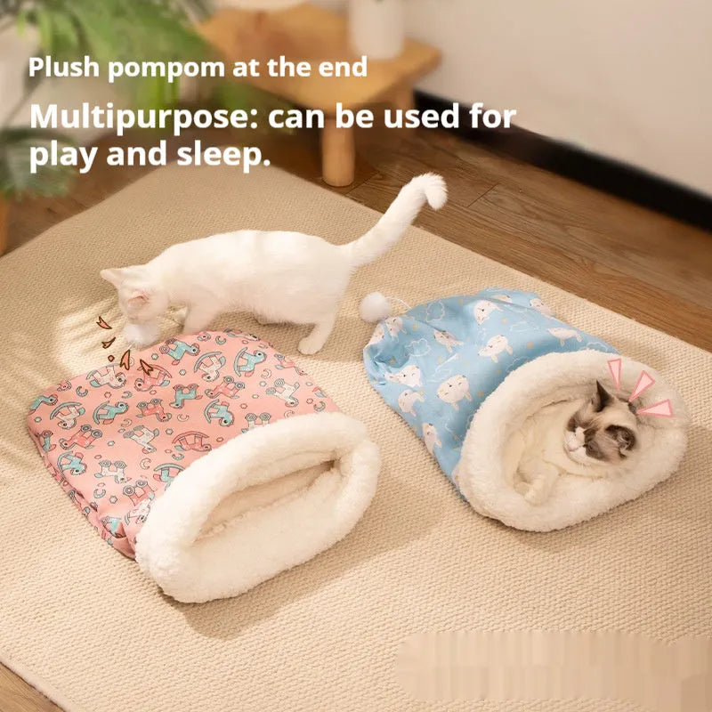 Flannel cat sleeping bag nest with PP cotton filling in blue rabbit design