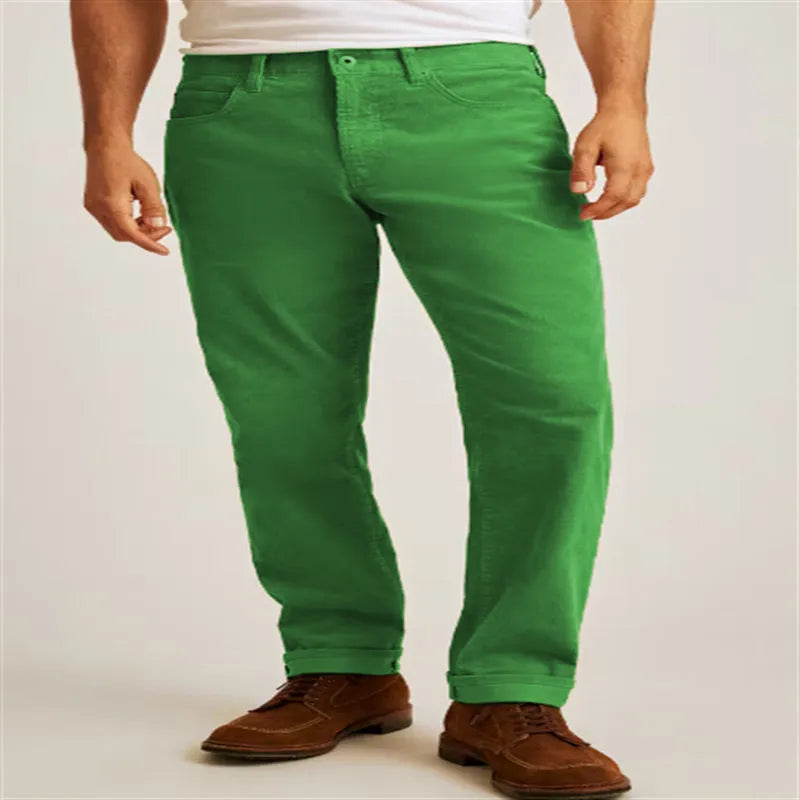Corduroy straight-leg casual trousers in khaki colour showing mid-waist and zip-fly design.