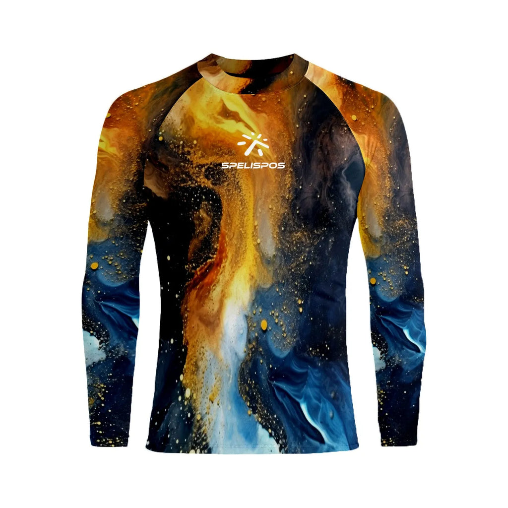 Long sleeve hooded rash guard for men in Lycra fabric, quick-drying, sizes XS to 6XL for diving and surfing.