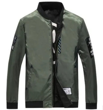 A man's reversible casual flight jacket in a striped pattern with a zip front, shown in multiple colours.