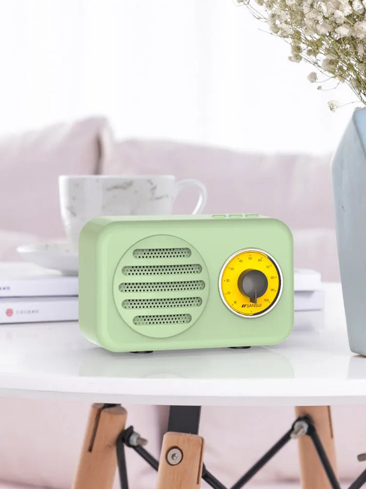 T1 portable Bluetooth speaker with wood grain finish showing compact design and speaker grille