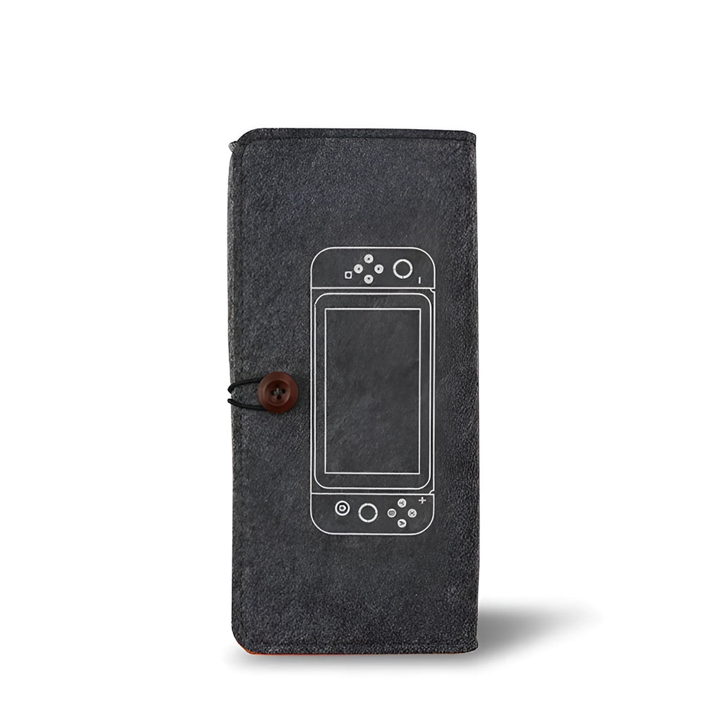Black felt pouch for Nintendo Switch open to show console compartment and game card slots