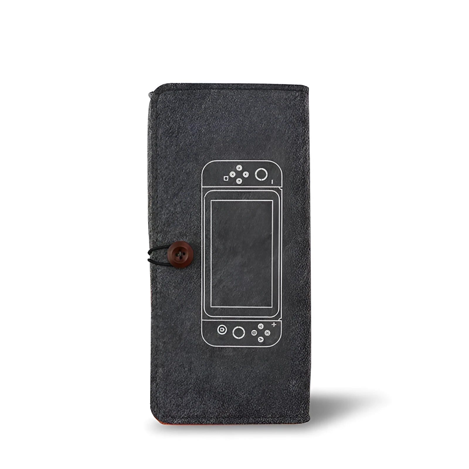 Black felt pouch for Nintendo Switch open to show console compartment and game card slots