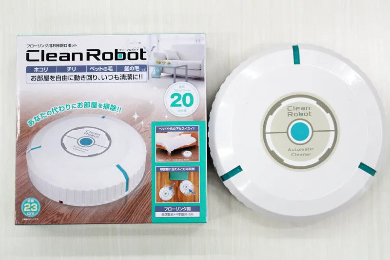 Black and white ABS robot vacuum cleaner on a wooden floor