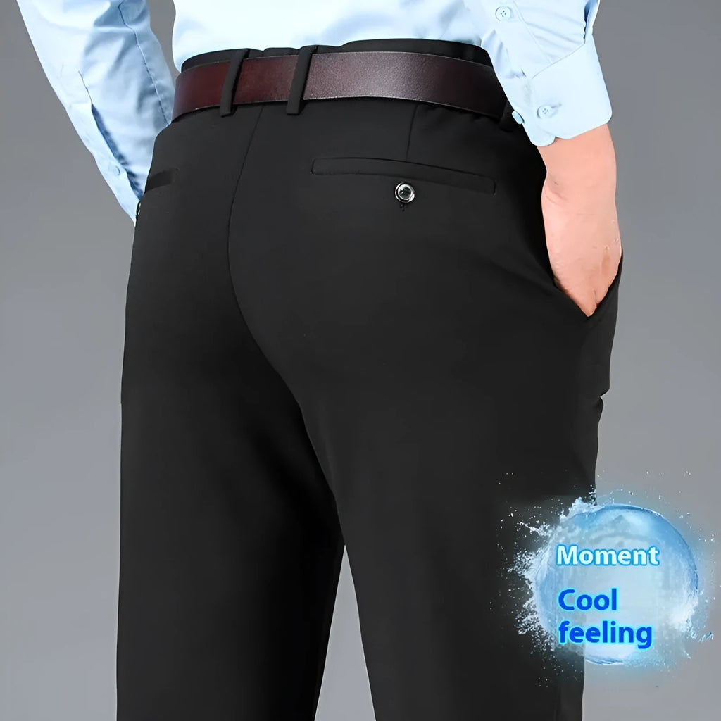 Men's plus-sized business casual straight-leg suit trousers in black, with zipper fly and elastic waist
