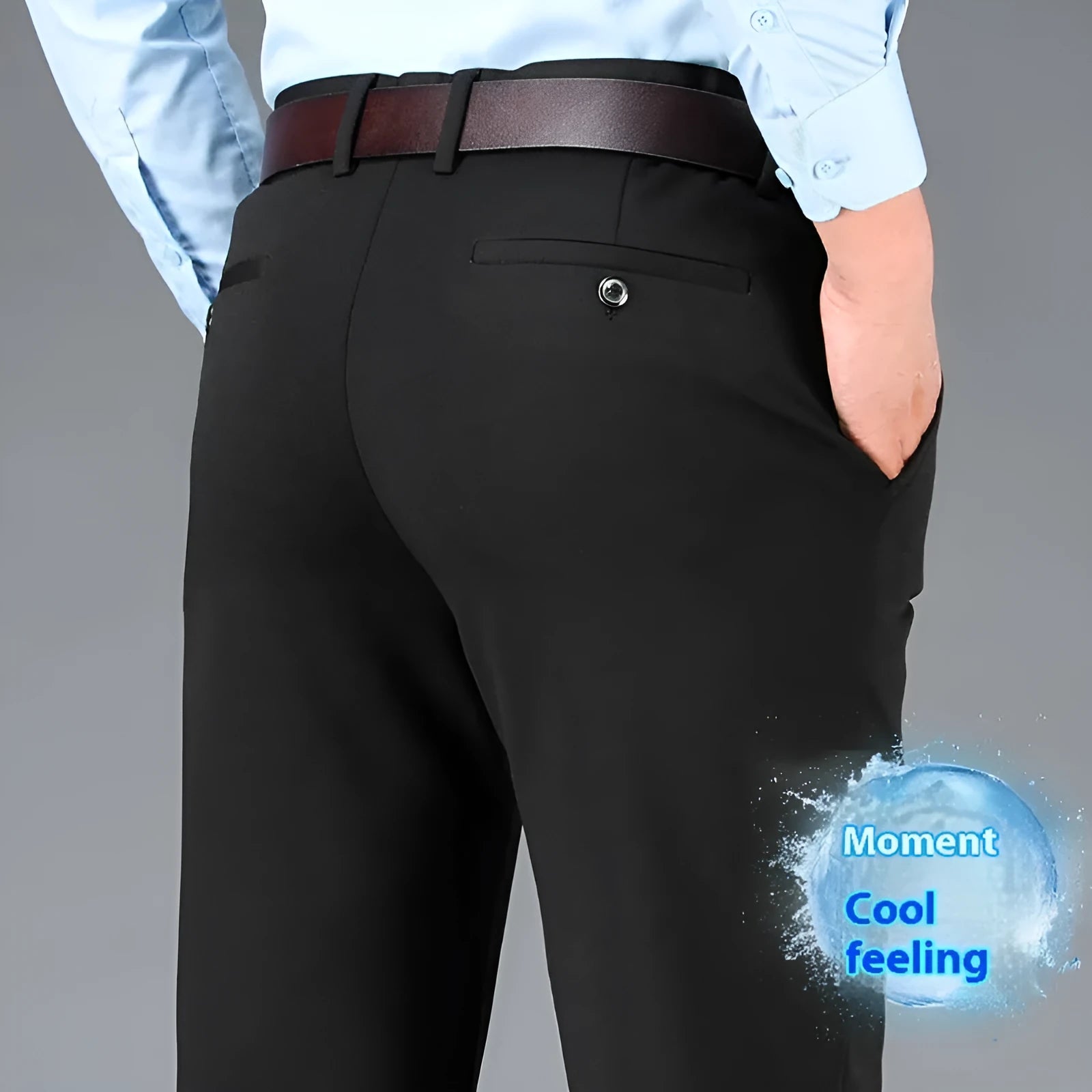 Men's plus-sized business casual straight-leg suit trousers in black, with zipper fly and elastic waist