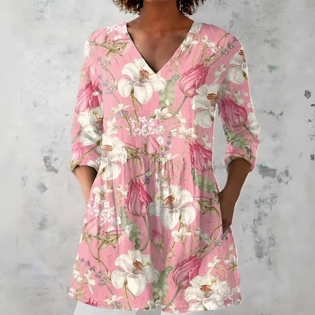Women's retro printed long sleeve top in slim fit, shown in a colour option with digital print design.