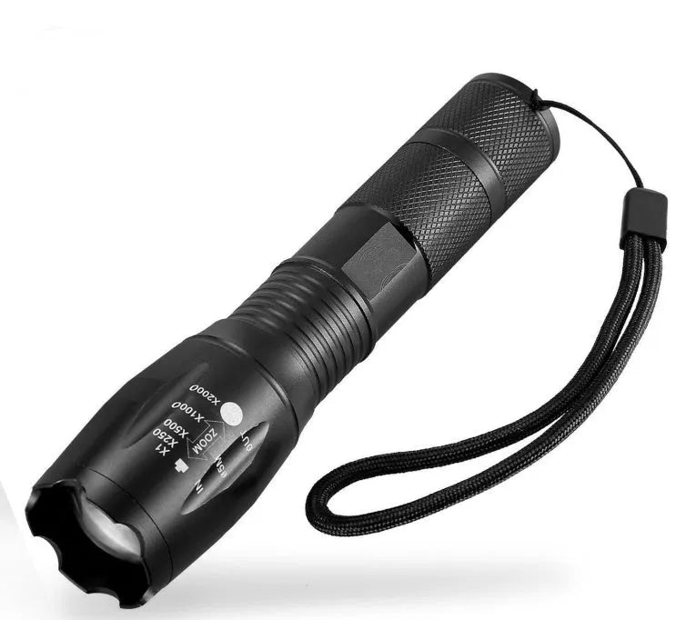 Portable mini LED zoom torch aluminium alloy body black colour adjustable focus 200-500 metre range outdoor flashlight