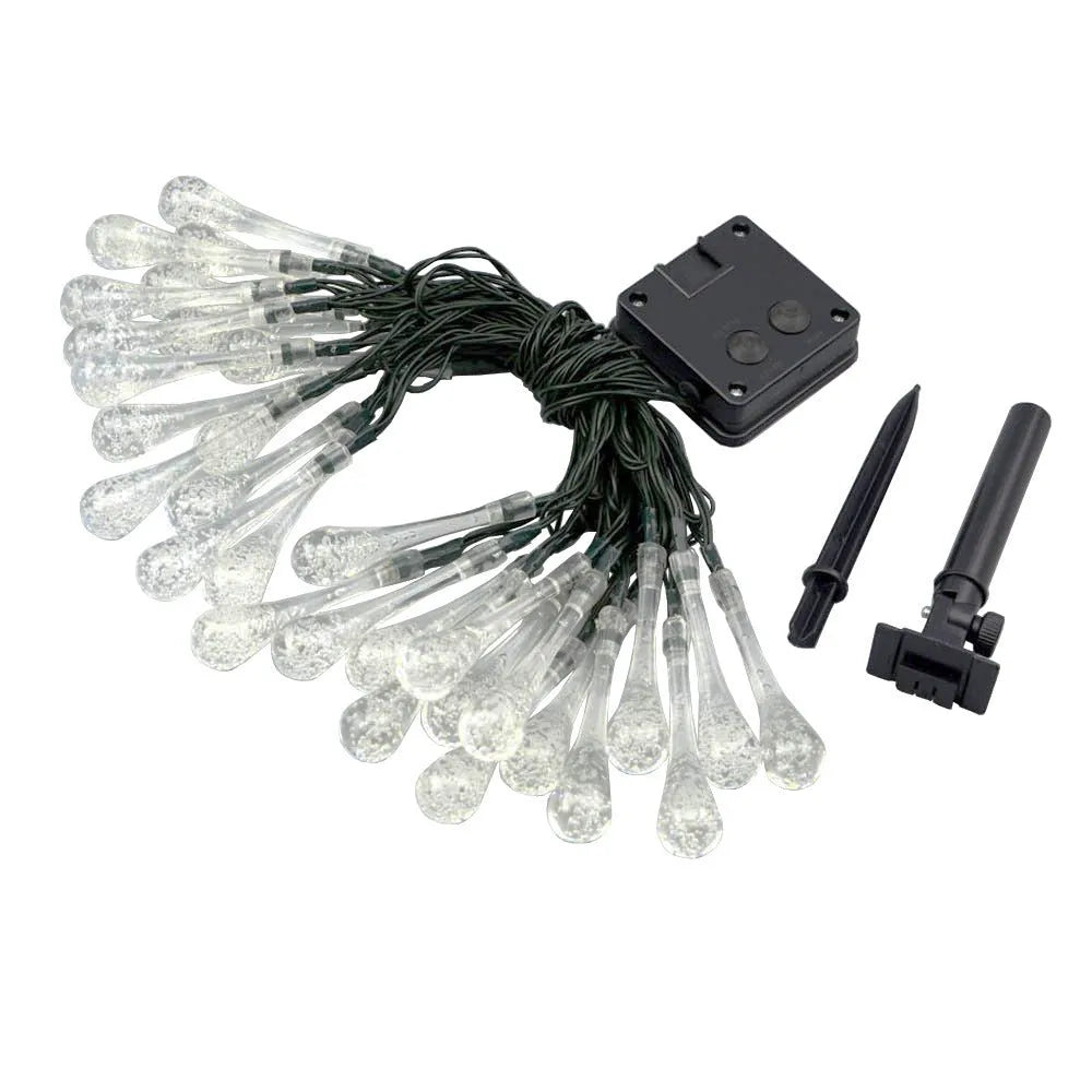 Solar-powered LED outdoor string lights with bubble drop pendants on 6.5 metre cable