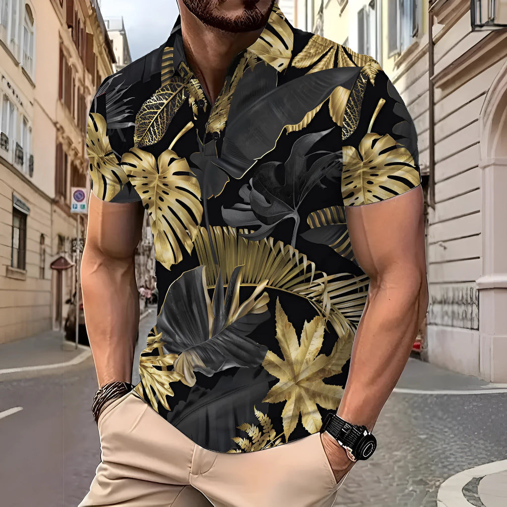 Men's gold tropical plant pattern short sleeve polyester shirt front view for summer