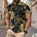 Men's gold tropical plant pattern short sleeve polyester shirt front view for summer