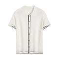 White women's short sleeve cardigan with contrast colour lapels on a hanger