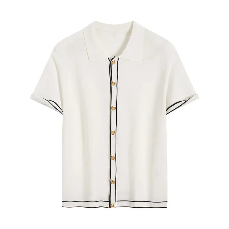 White women's short sleeve cardigan with contrast colour lapels on a hanger