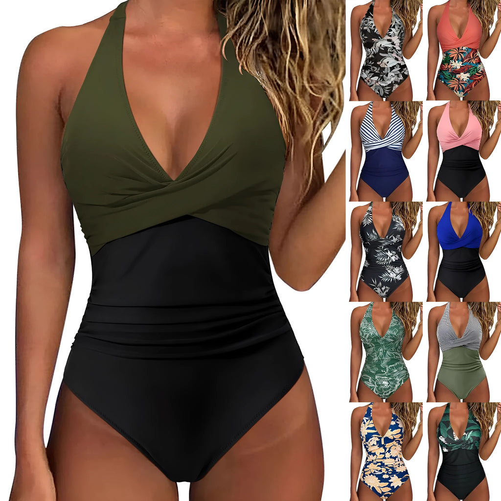 Women's multicolor backless lace-up high waisted swimsuit in polyester stretch fabric, front view