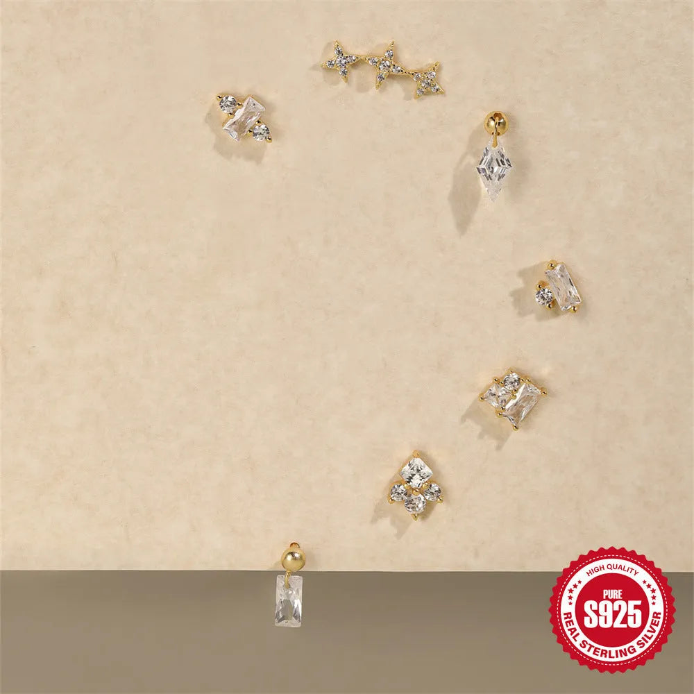 S925 sterling silver red flower stud earrings with square gravel texture and golden electroplated finish
