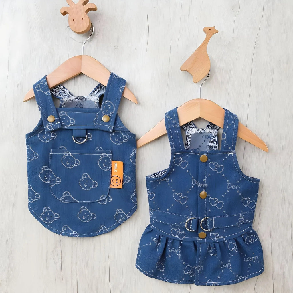 Teddy Bichon wearing thin denim princess dress with bracket-skirt design in HNXD denim colour