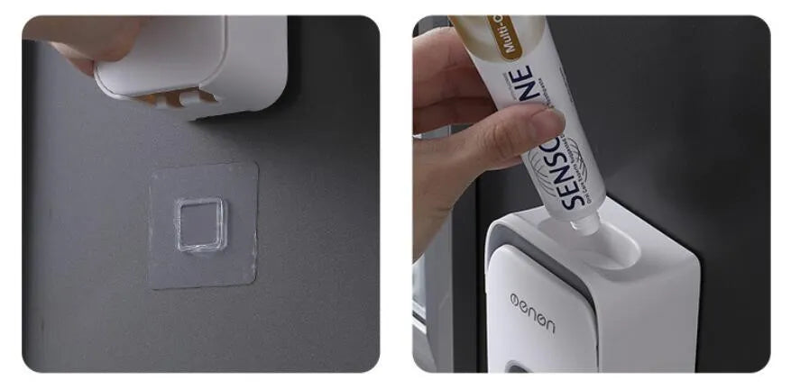 Automatic toothpaste dispenser in blue, grey, and pink colours made from ABS plastic.