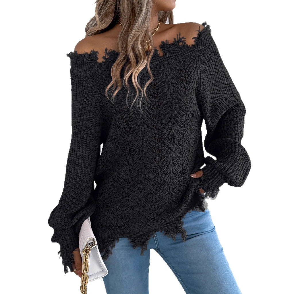 White cut-off-shoulder pullover sweater with hollow-out design and long sleeves