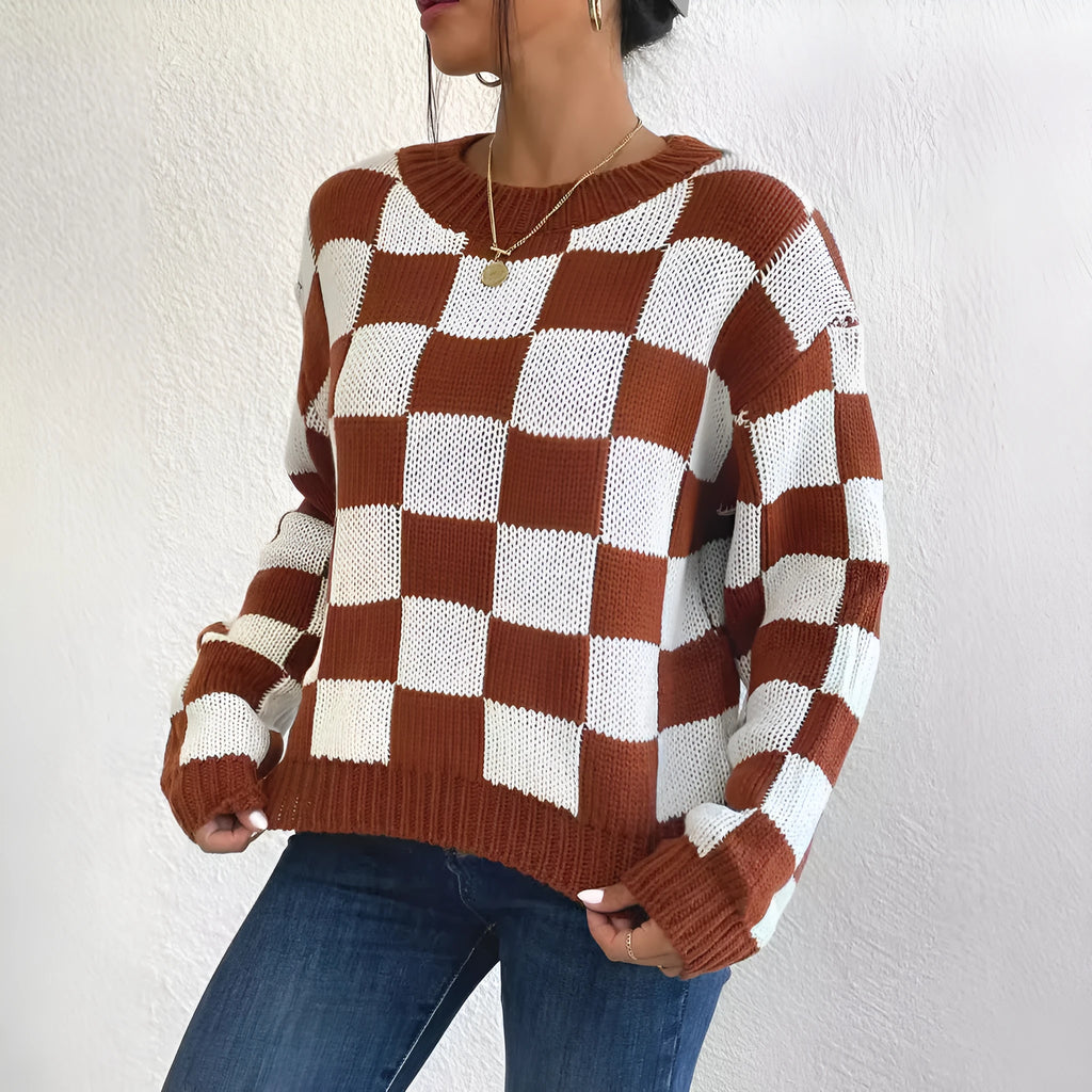 Dark brown plaid acrylic pullover sweater with round neck and long sleeves in loose casual style