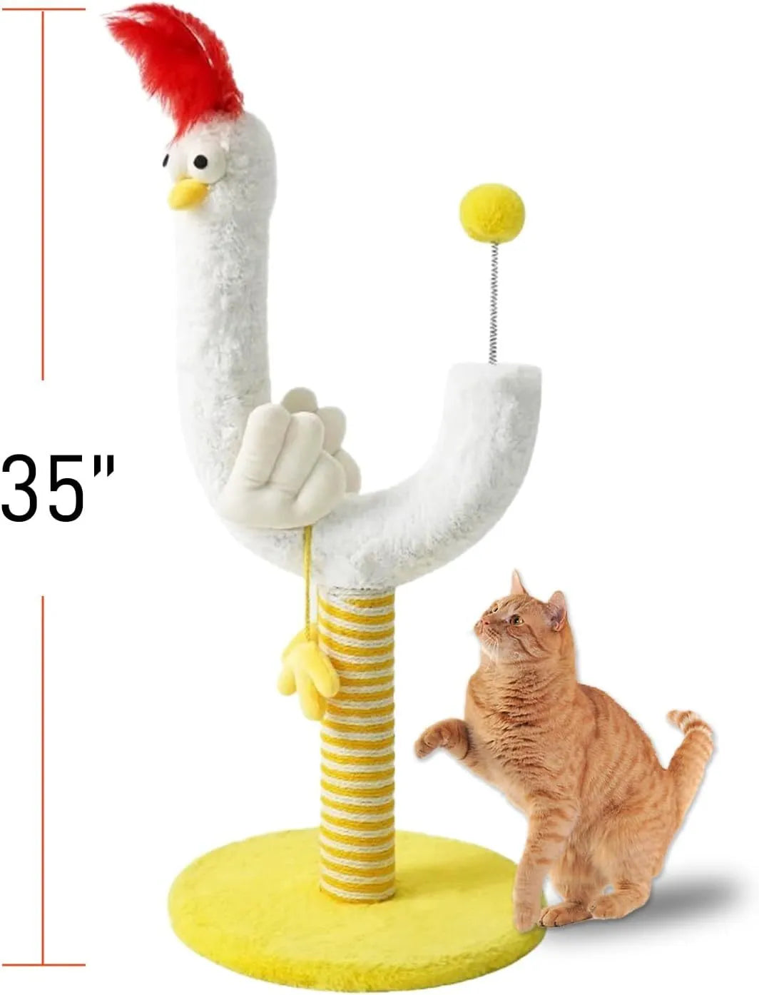Sisal rope cat scratching post with chicken strip design and spring ball, 35cm wide and 88cm tall