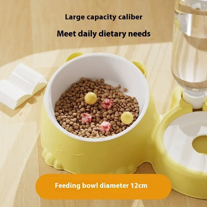 Automatic drinking pet basin with two stainless steel bowls and a ceramic water reservoir in haze blue.