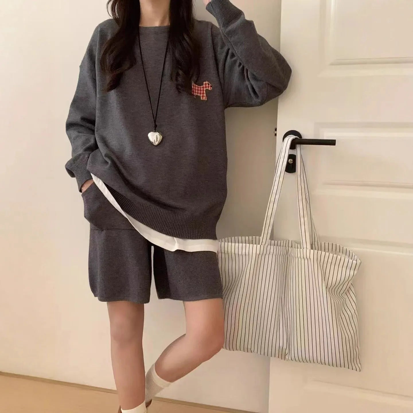 Women's milk blue knitted sweater and shorts set with animal embroidery pattern