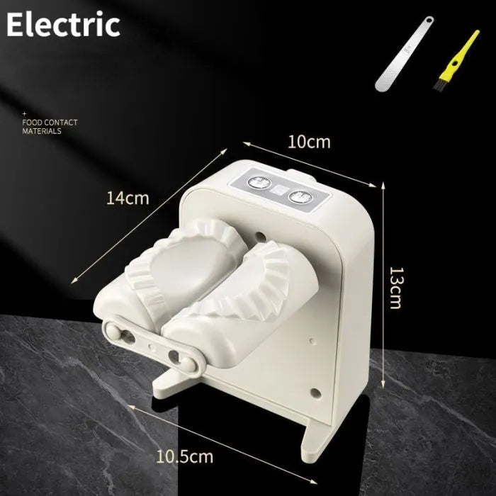 White automatic electric dumpling maker machine on a kitchen counter with USB cable and accessories