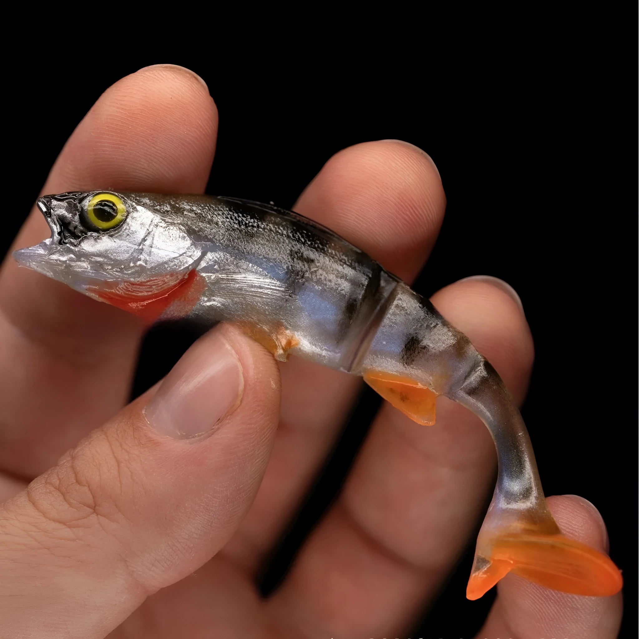 Fish T Tail soft plastic fishing lure with catfish scissors tail in natural fish colour pattern