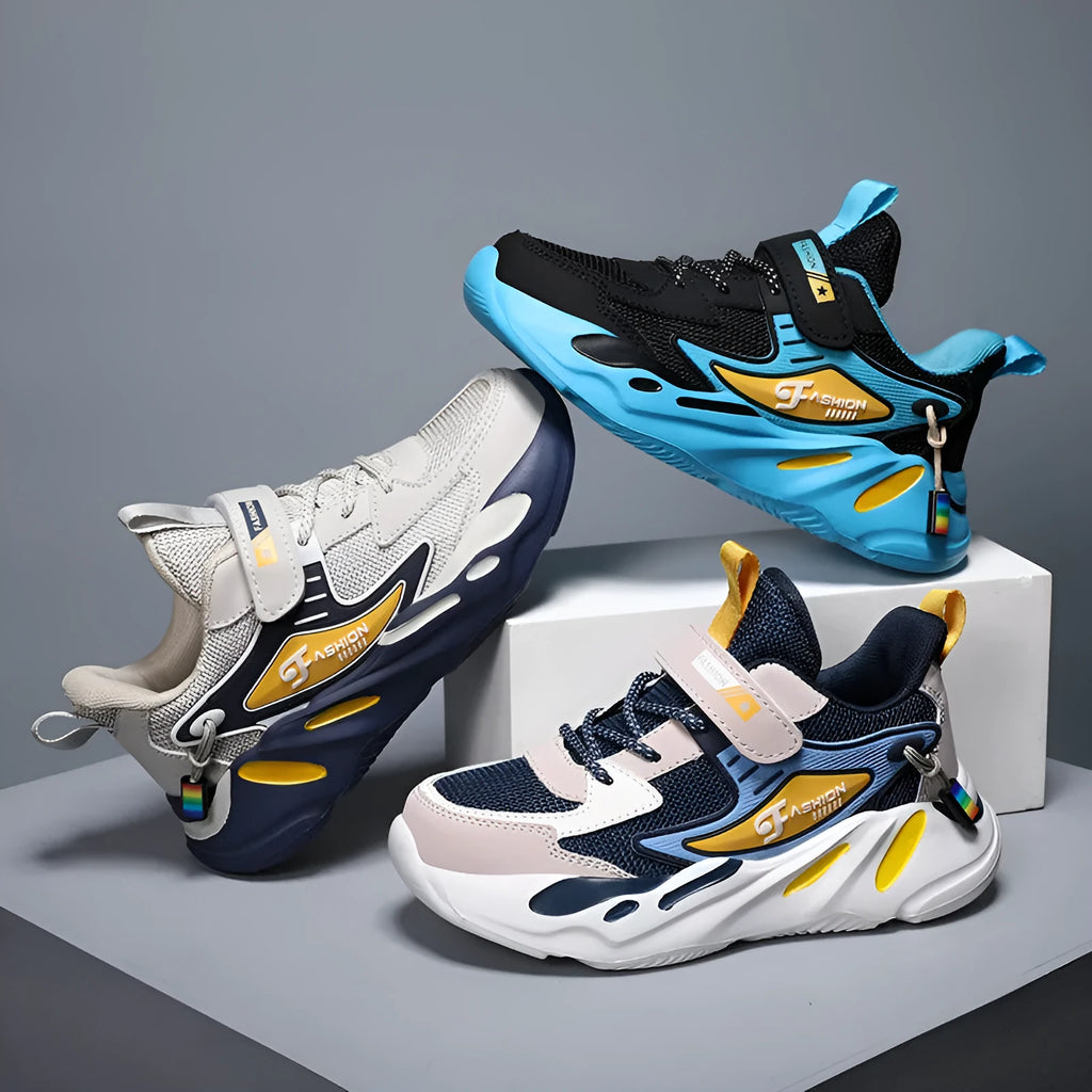 Boys' dark blue and beige PU mesh sports running shoes with Velcro strap and platform sole.