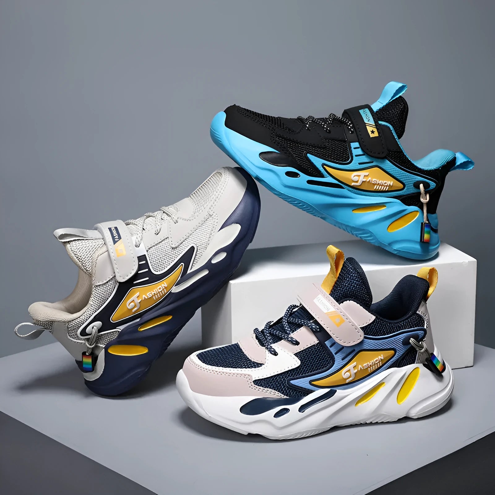 Boys' dark blue and beige PU mesh sports running shoes with Velcro strap and platform sole.