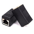 Black RJ45 network cable extender adapter showing connection ports for ethernet patch cables