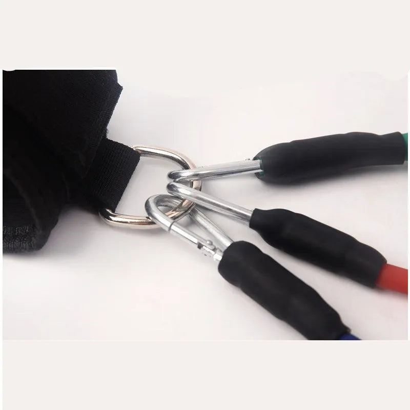 Black taekwondo training pull rope set with elastic cord and metal hooks for leg power development