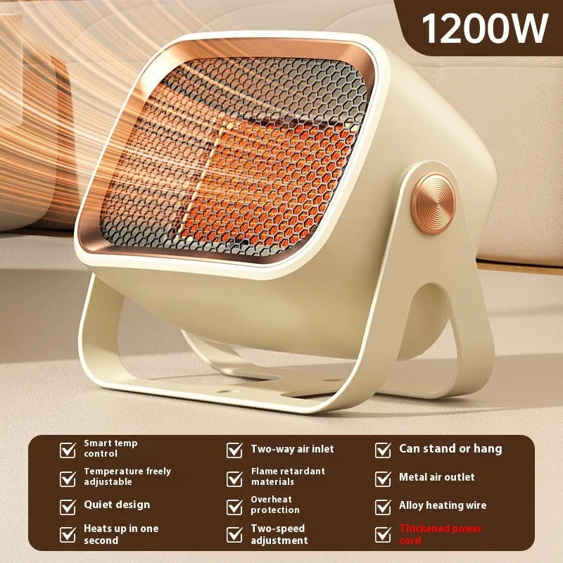 White desktop ceramic heater with rotating base and push-button controls
